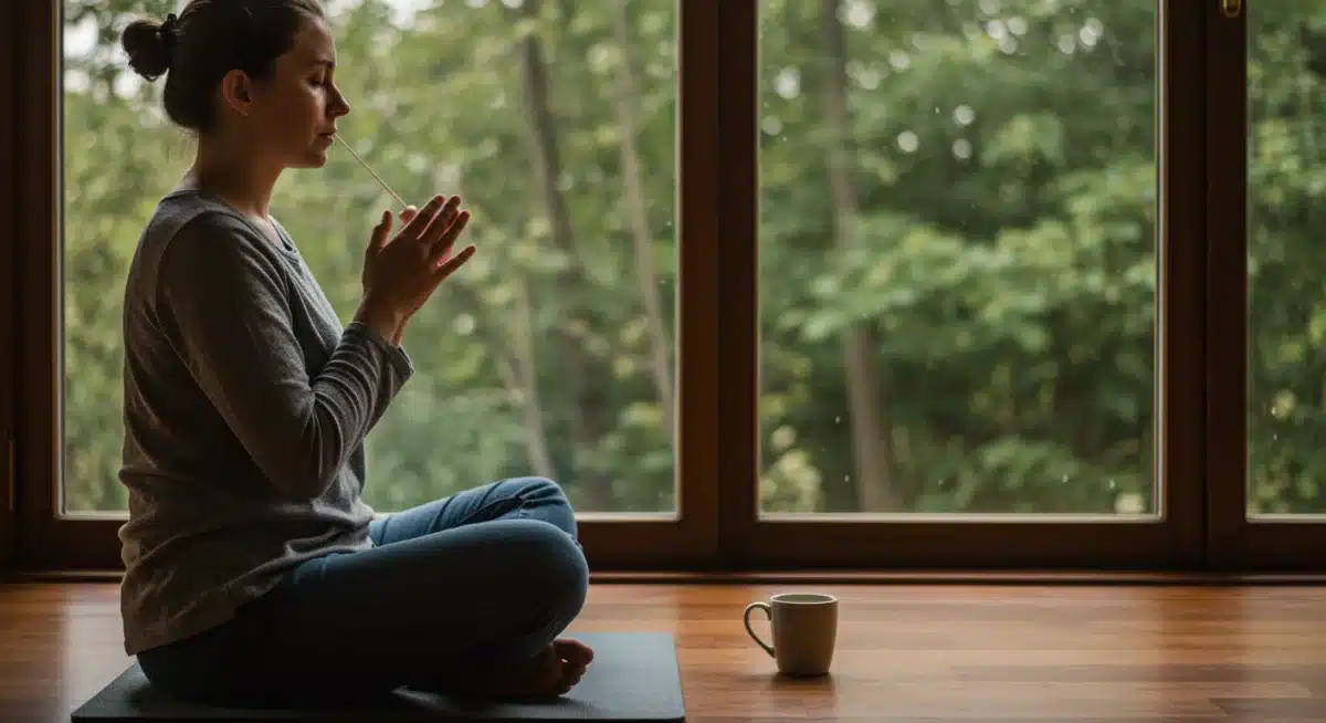 Person practicing mindful breathing in a calm natural setting