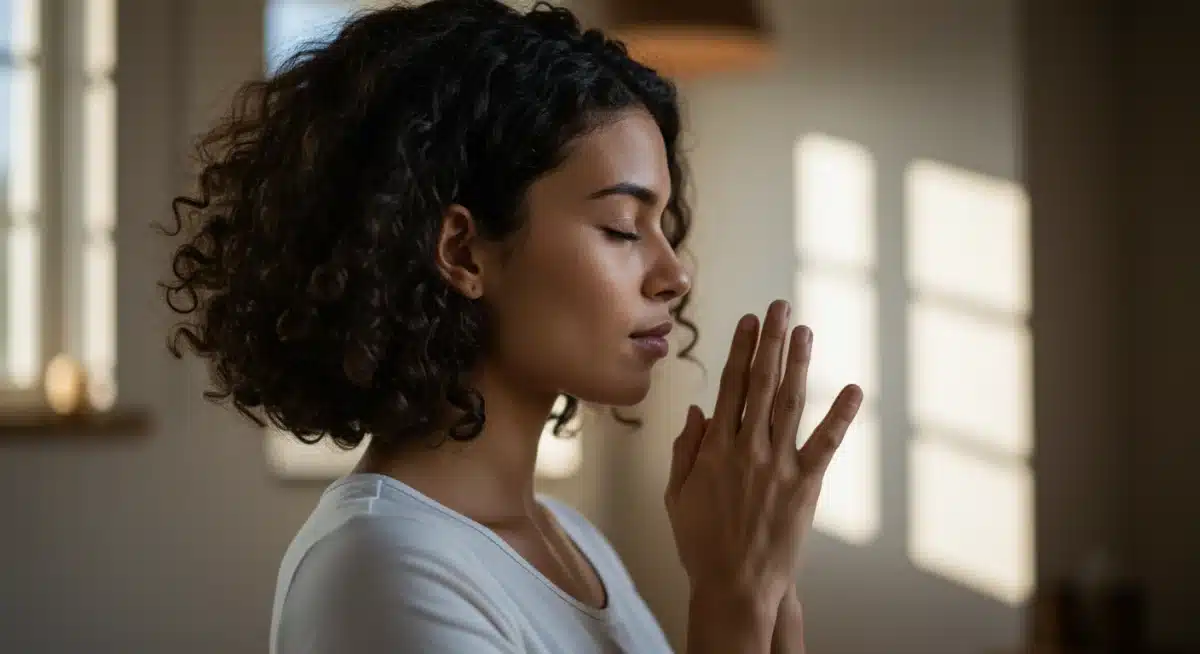 Person practicing mindful breathing for stress reduction and mood improvement