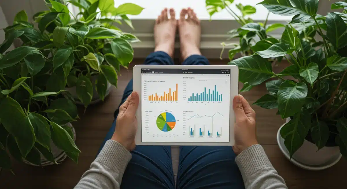 Calm person budgeting on tablet with plants, illustrating mindful financial planning.