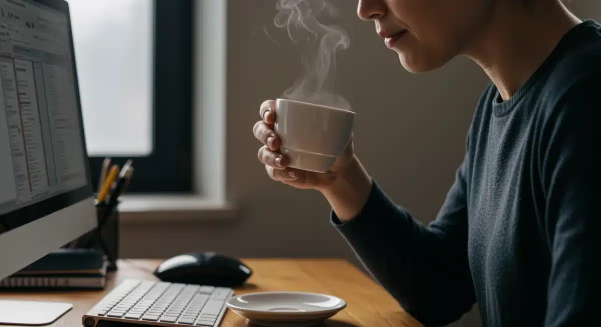 Person mindfully drinking coffee at desk, boosting focus