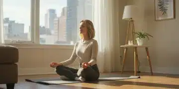 Busy American woman finding peace through mindfulness meditation