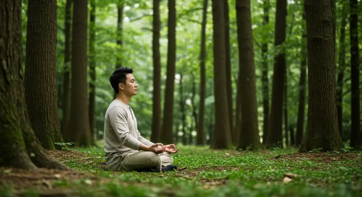 Person meditating in a tranquil forest, representing mindfulness and inner peace.