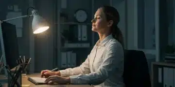 Woman meditating at desk, practicing mindfulness at work for stress reduction