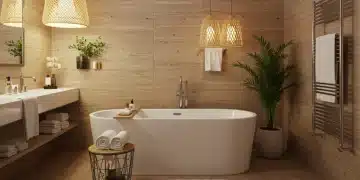 Modern spa-like bathroom with natural wood, warm lighting, freestanding tub, and plush towels.