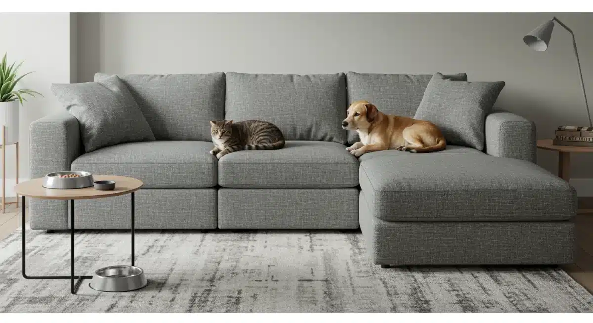Close-up of modular sofa with performance fabric for pets