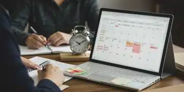Organized desk with planner showing time blocks, symbolizing efficient time management and peak productivity.