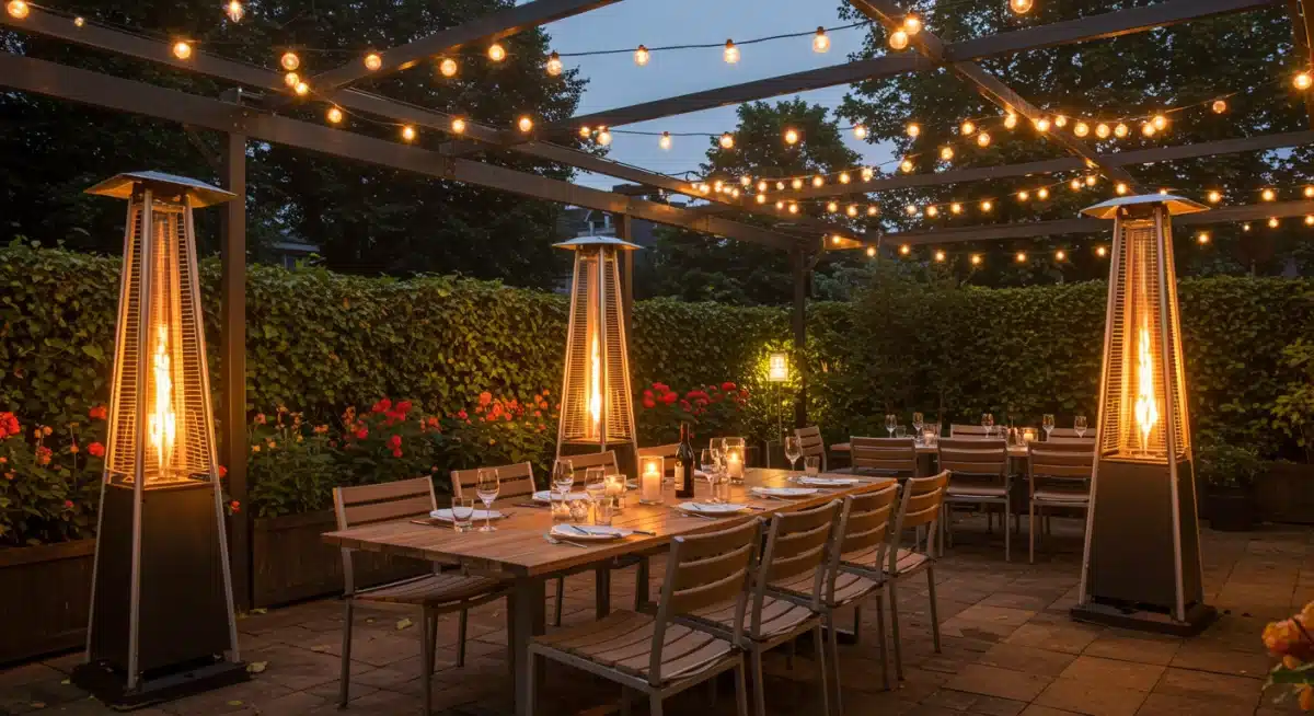 Outdoor dining area with string lights and heaters for fall