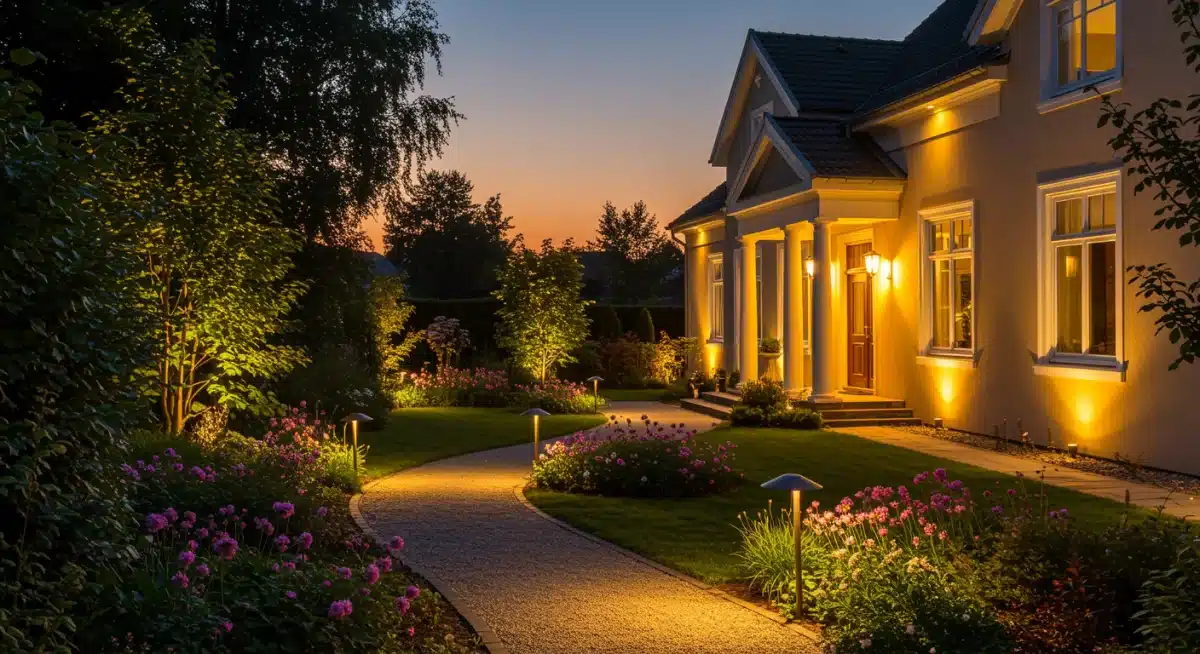 Outdoor lighting illuminating a garden path and house at dusk, enhancing nighttime curb appeal.