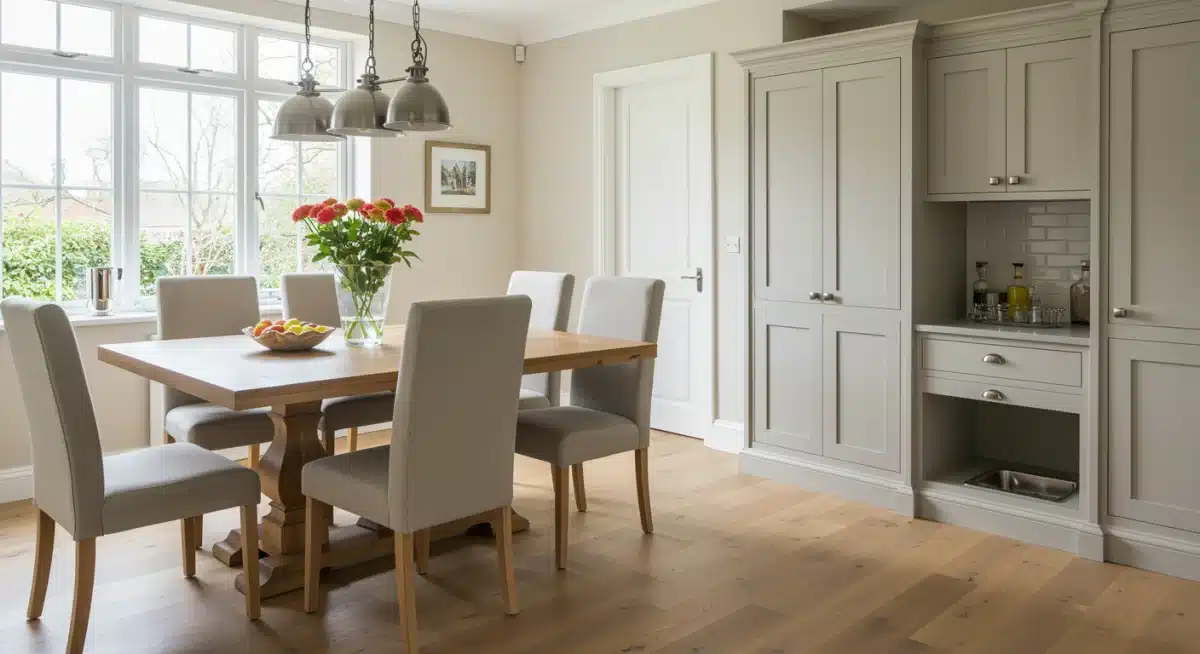 Stylish dining area with pet-friendly solid wood table and upholstered chairs