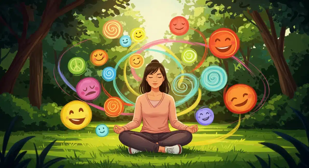 Abstract illustration of positive emotions around a meditating person