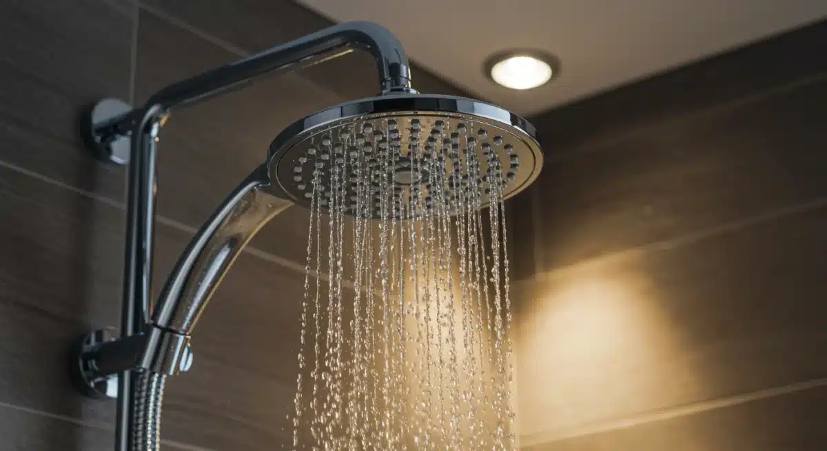 Luxury rainfall showerhead with chrome finish in a tiled shower, creating a spa experience.