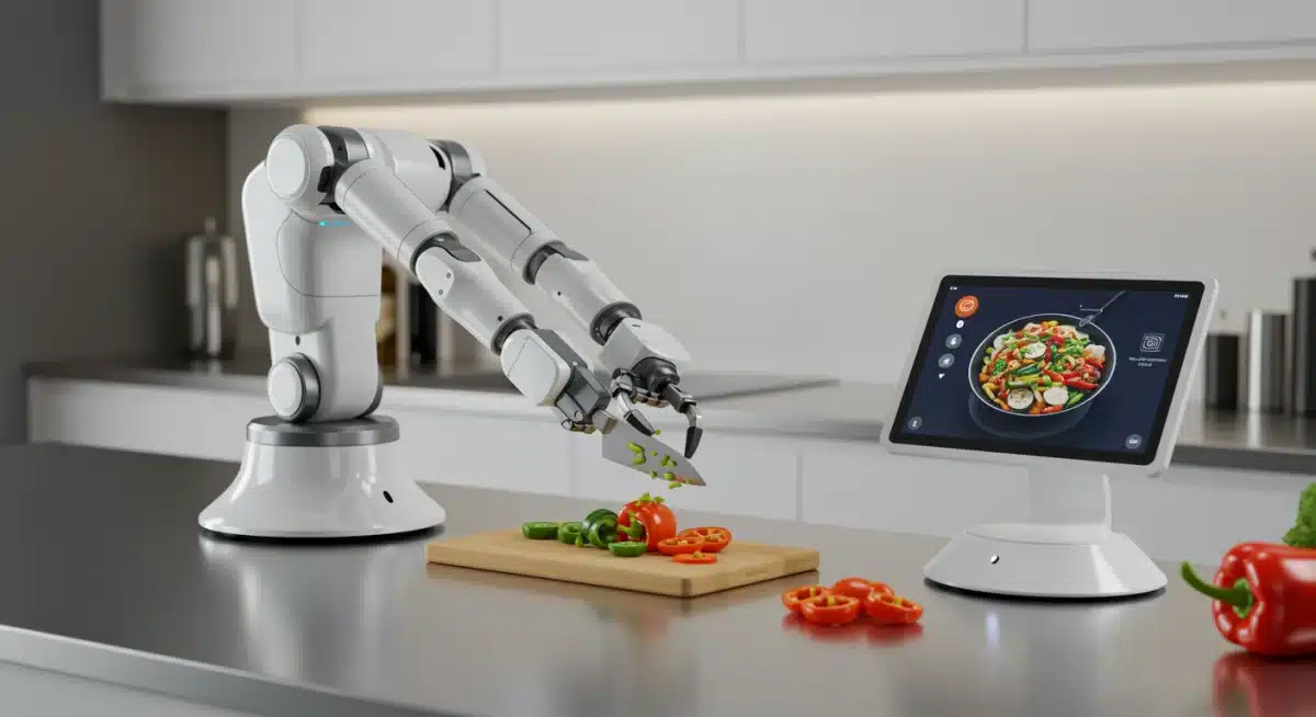 Robotic kitchen assistant chopping vegetables with smart recipe display, highlighting automation