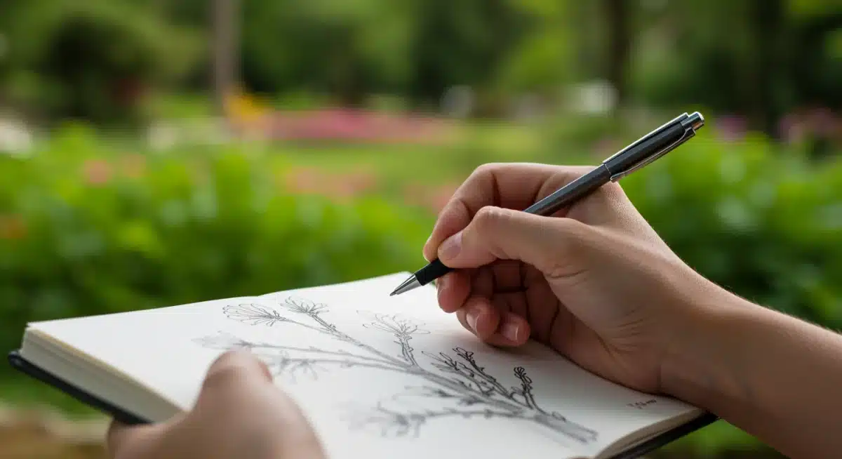 Hand sketching in a notebook, inspired by natural surroundings