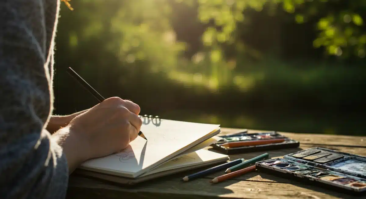Person sketching outdoors, embracing creative flow and natural inspiration