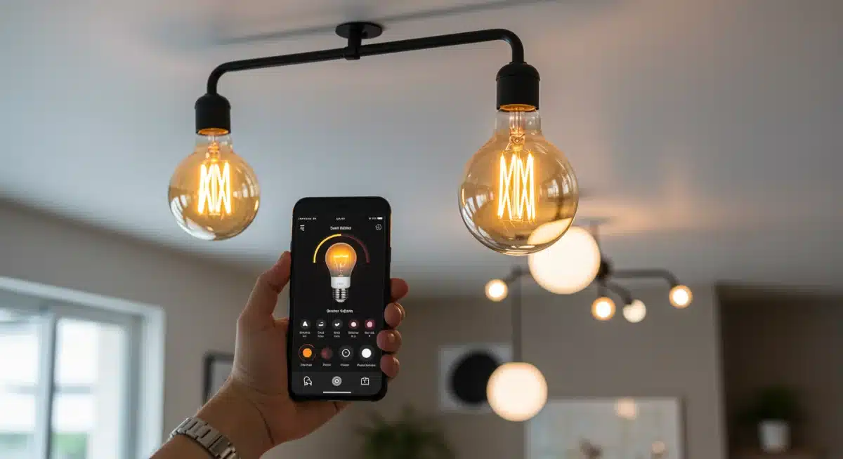 Smart light bulb emitting warm glow, controlled by smartphone app
