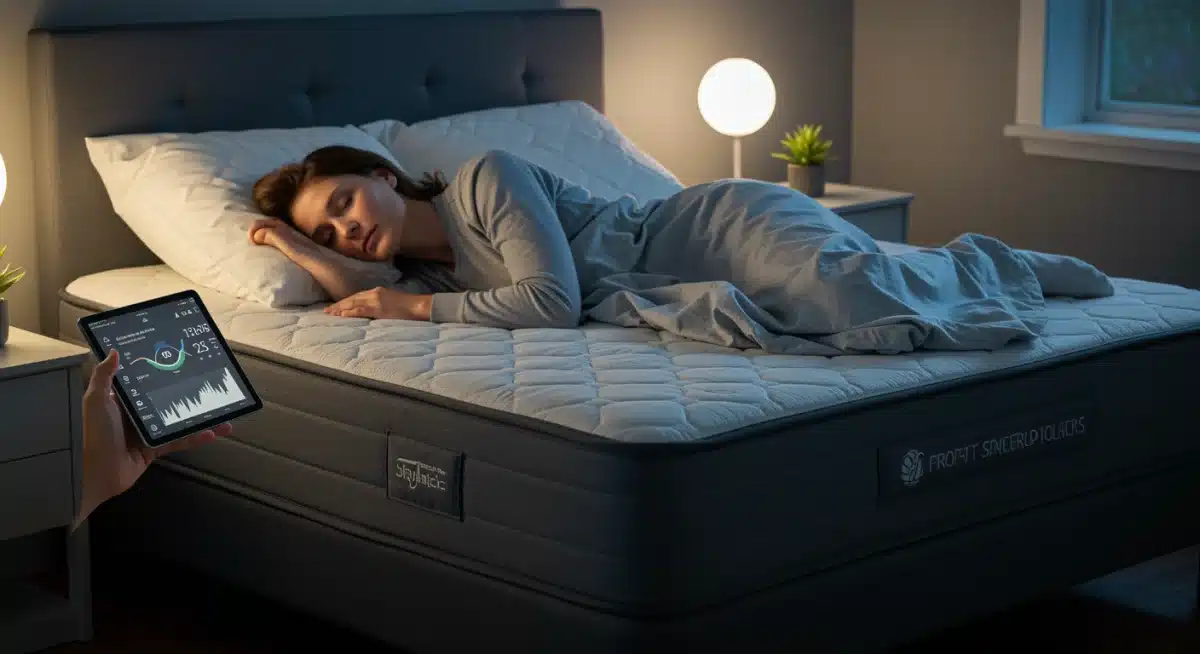 person sleeping soundly on smart mattress with data display