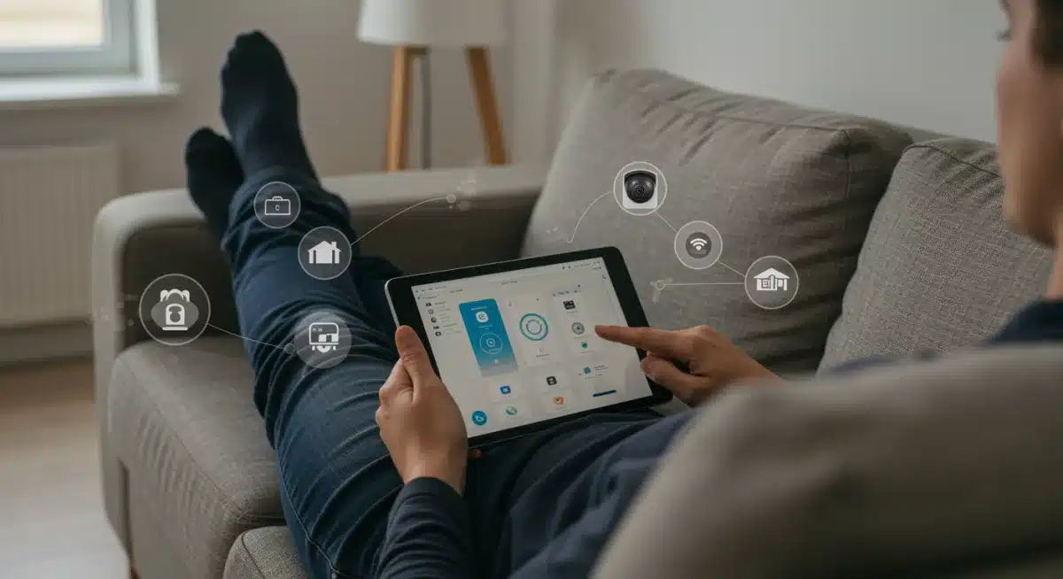 Person controlling smart home devices via tablet for enhanced comfort