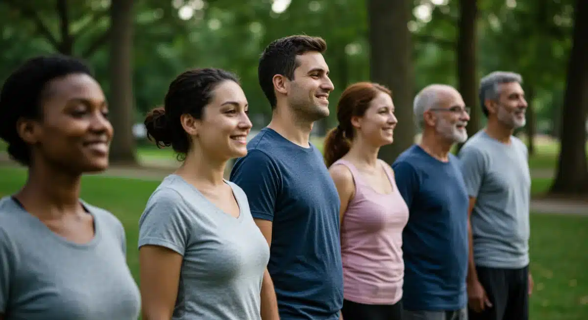 Diverse group practicing walking meditation outdoors
