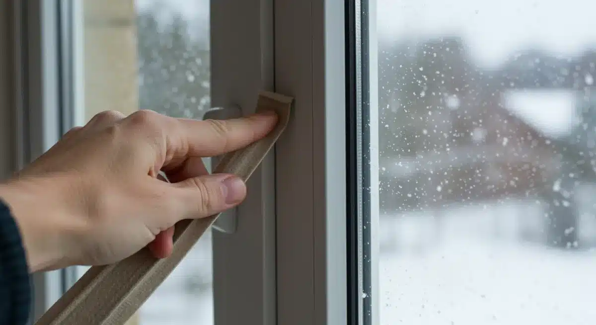 Hand applying weatherstripping to a window for insulation