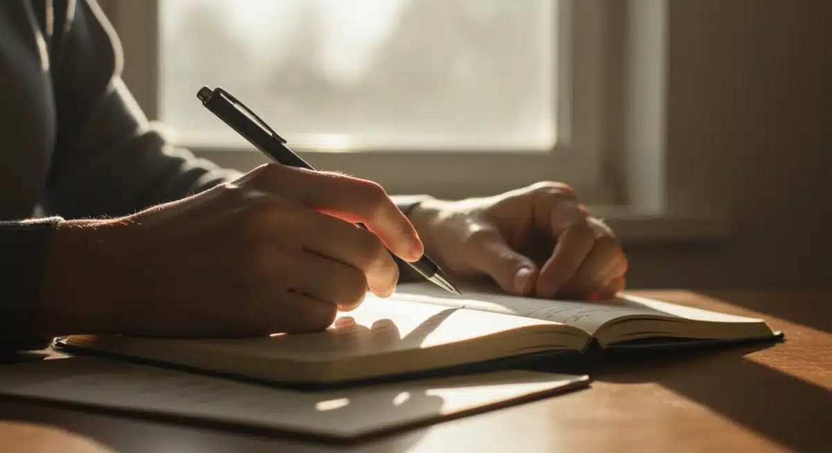 Person writing in a journal with morning light