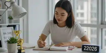 Person writing down SMART goals for 2026 in a notebook with a pen.
