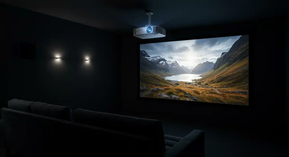 4K Ultra HD projector displaying a movie scene in a dark room