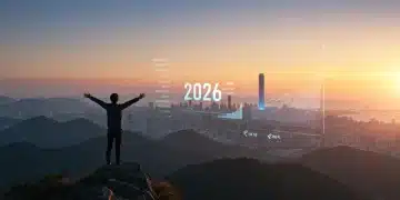 Person on a mountain peak looking at a future city, symbolizing achievement and goal setting.