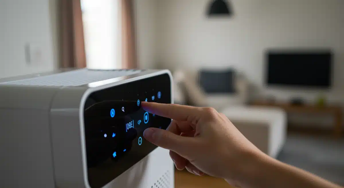 Hand adjusting modern air purifier settings in a home