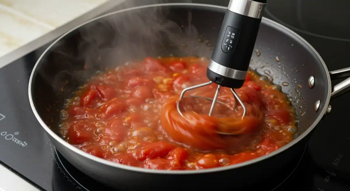 Automatic pan stirrer in action with tomato sauce