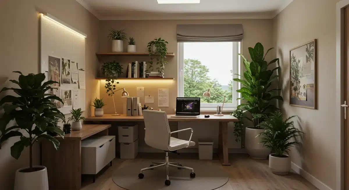Biophilic home office with plants and natural light for productivity