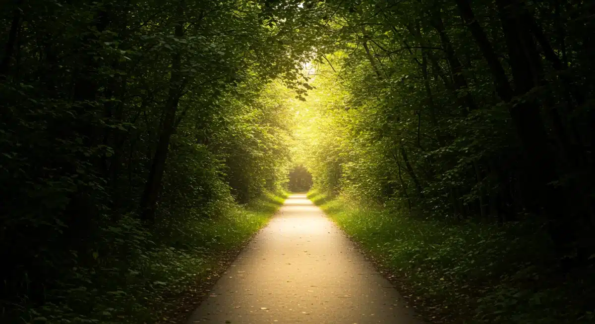 Bright path through dark forest, symbolizing overcoming challenges