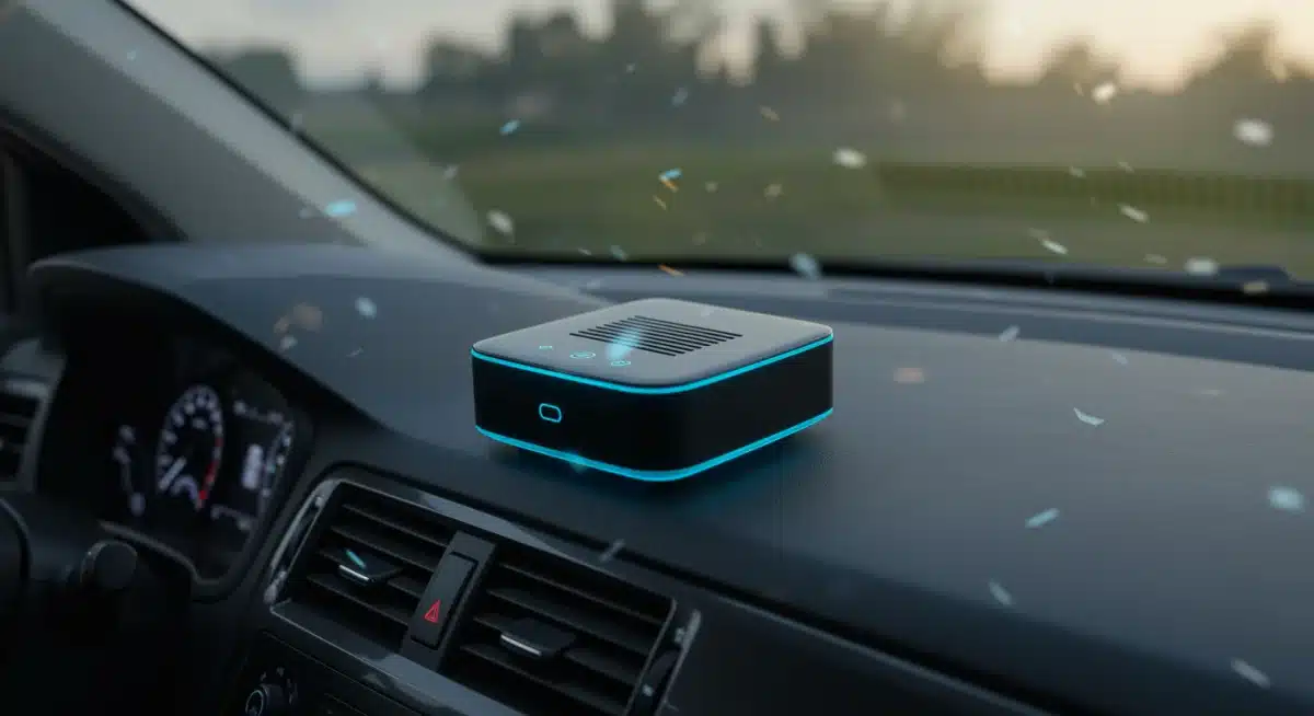 Compact car air purifier on dashboard for clean cabin air