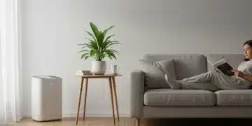 Bright living room with air purifier and plant for clean indoor air