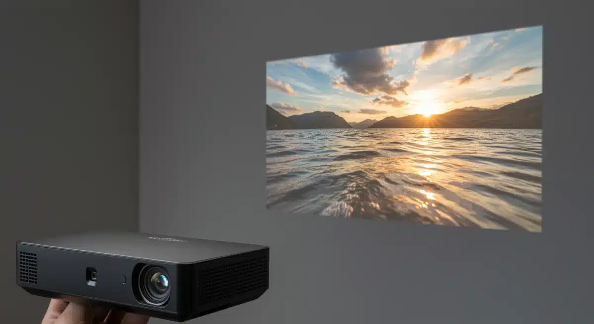 Compact black projector displaying a clear high-definition image