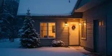 Cozy home exterior ready for winter with snow, warm lights, and clear pathways