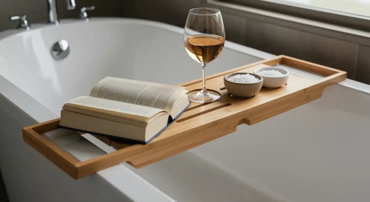 Elegant wooden bath caddy with book and wine for relaxation.
