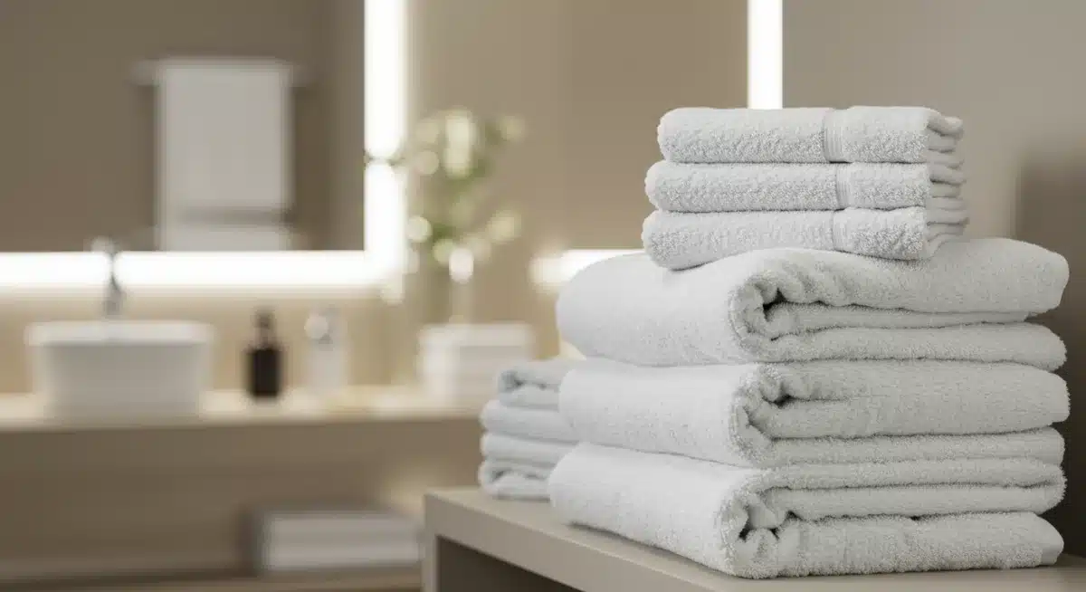 Stack of fluffy white bath towels on a shelf.
