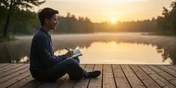Woman journaling by a tranquil lake at sunrise, cultivating gratitude.