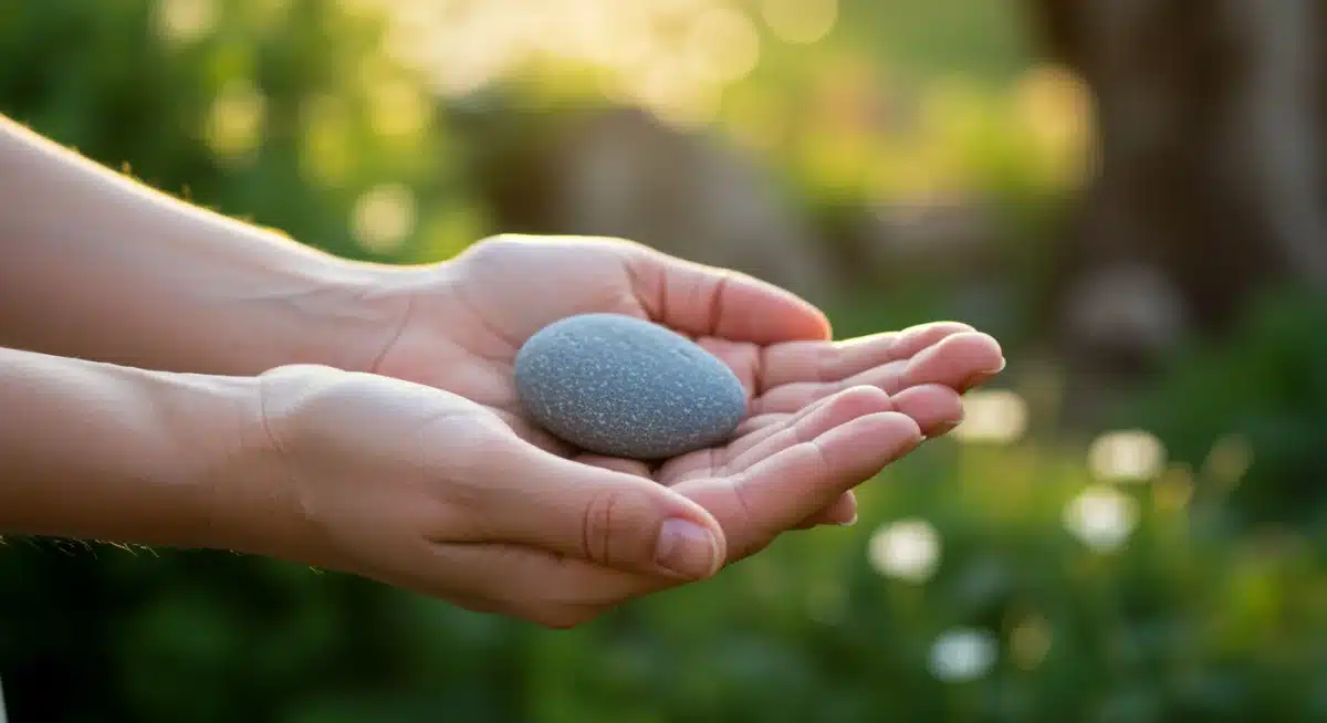 Hands holding a grounding stone during mindfulness practice