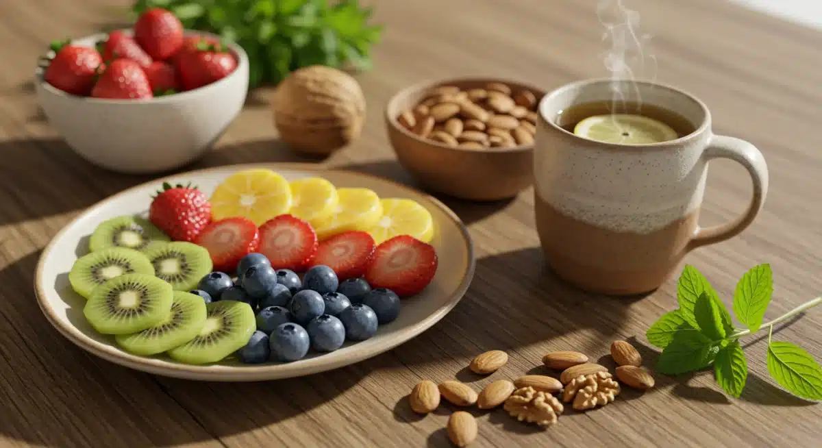 Healthy breakfast spread on a wooden table, emphasizing simple joys and wellness.