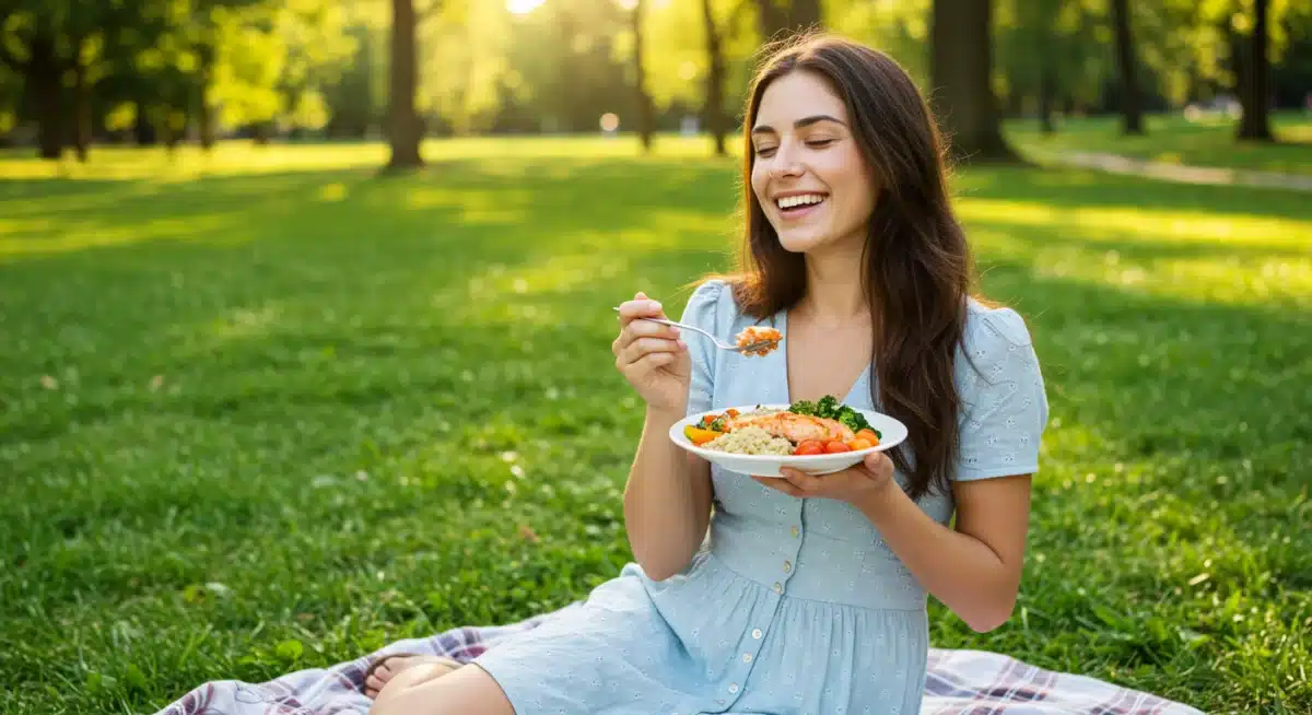 Enjoying a healthy meal outdoors, promoting nutritious eating and nature connection for well-being.