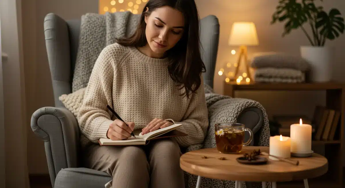 Person journaling with tea, practicing mindful reflection for self-care.