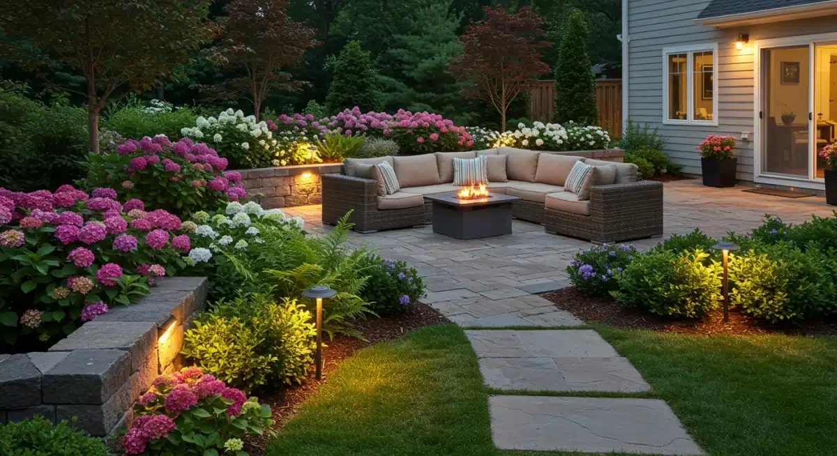 Landscaped backyard with ambient lighting and outdoor seating, showcasing enhanced curb appeal.