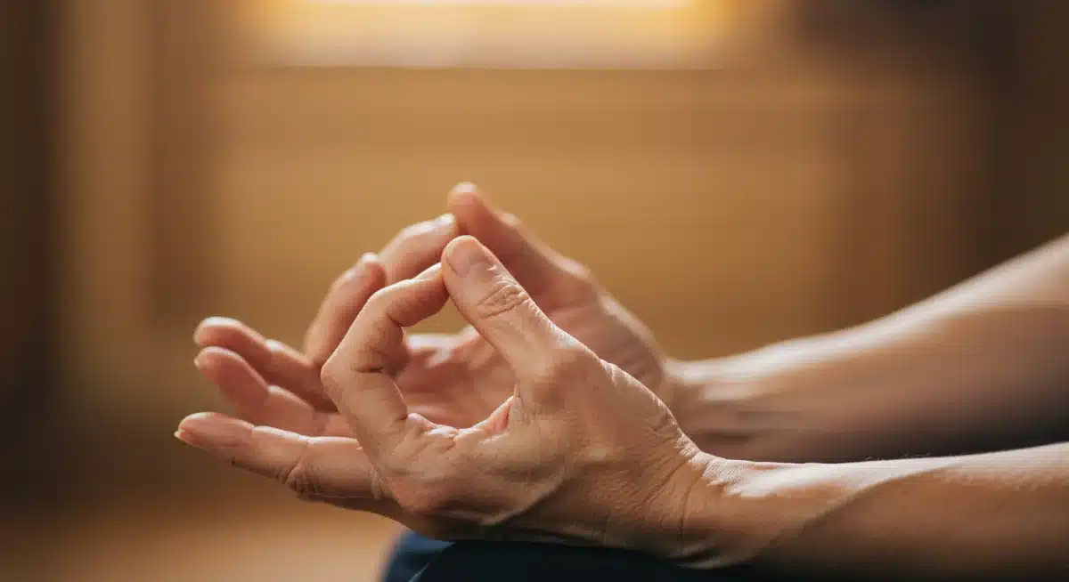 Hands clasped in a meditative gesture, symbolizing focus and inner peace.