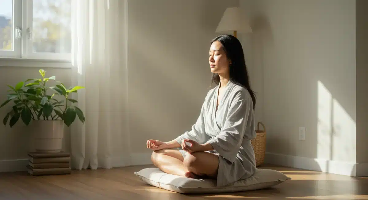 Person meditating peacefully in a minimalist room, highlighting morning mindfulness.