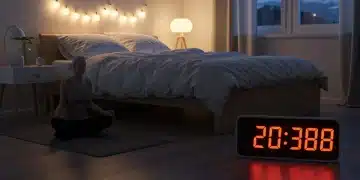 Person meditating in a calm bedroom, symbolizing a mindful bedtime routine for improved sleep quality by 2026.