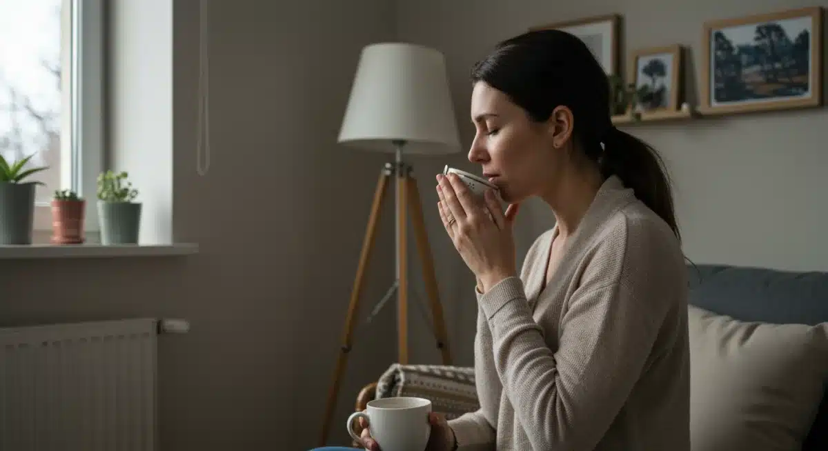Parent taking a mindful breath for stress reduction.