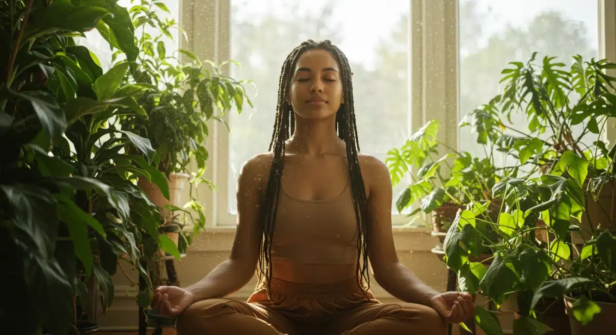 Person meditating peacefully in a sunlit room.