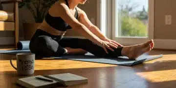 Woman practicing gentle yoga in a sunlit room, embodying a mindful morning routine.