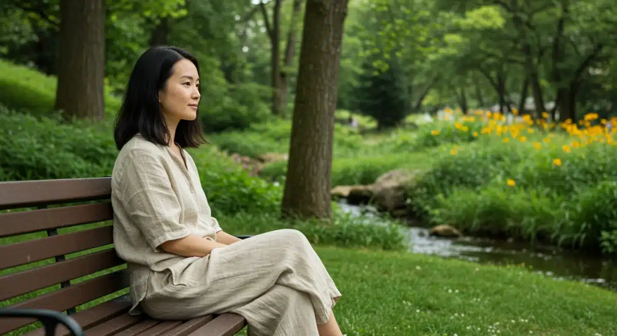 Individual practicing mindful observation in a peaceful park setting.